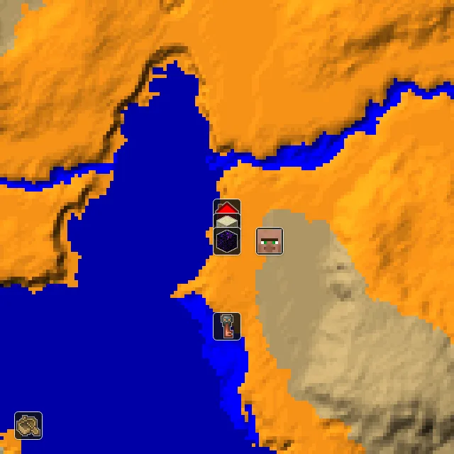 Overworld biome map of seed 635482260673531 around spawn, with the desert pyramid and ruined portal marked