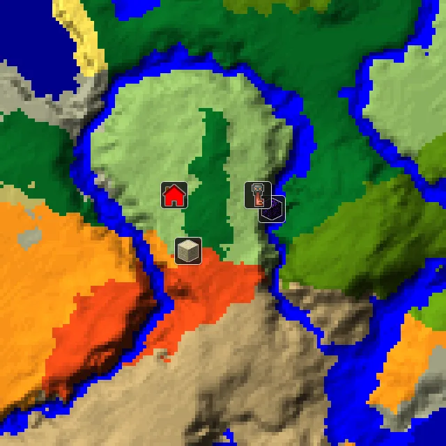 Overworld biome map of seed 9418817746661099 around spawn, with the desert pyramid and ruined portal marked