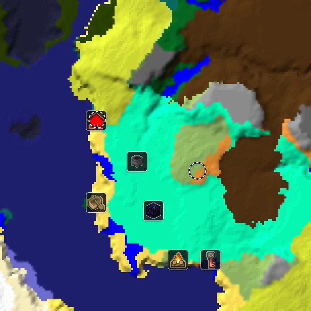 Overworld biome map of seed 18649700352874035 around spawn at Y 0, with the abandoned camp and sulfur caves and dappled forest marked