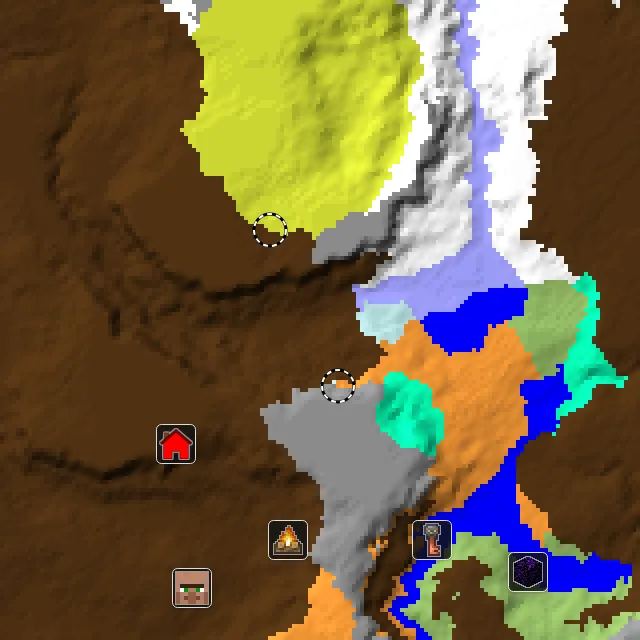 Overworld biome map of seed 21455372195588619 around spawn at Y 0, with the abandoned camp and sulfur caves and dappled forest marked