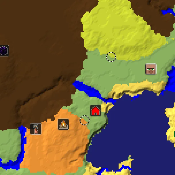 Overworld biome map of seed 34504716291086797 around spawn at Y 0, with the abandoned camp and sulfur caves and dappled forest marked