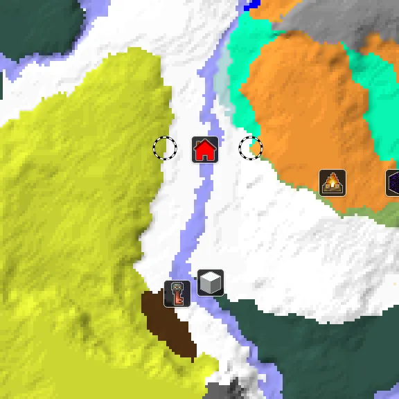 Overworld biome map of seed 6742231963009256 around spawn at Y 0, with the abandoned camp and sulfur caves and dappled forest marked
