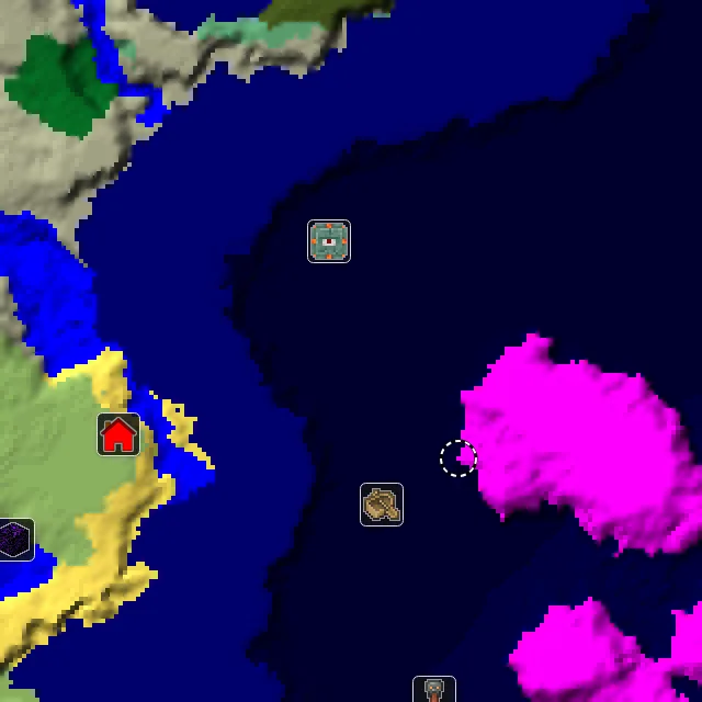Overworld biome map of seed 16669324208218993 around spawn, with the monument and mushroom fields marked