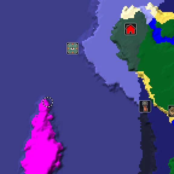 Overworld biome map of seed 29091098865339477 around spawn, with the monument and mushroom fields marked