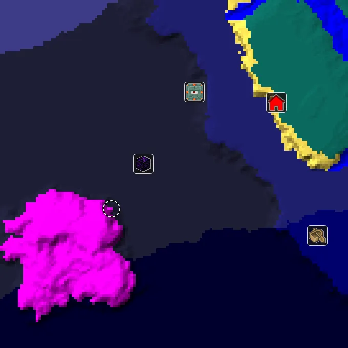Overworld biome map of seed 3721475279528813 around spawn, with the monument and mushroom fields marked