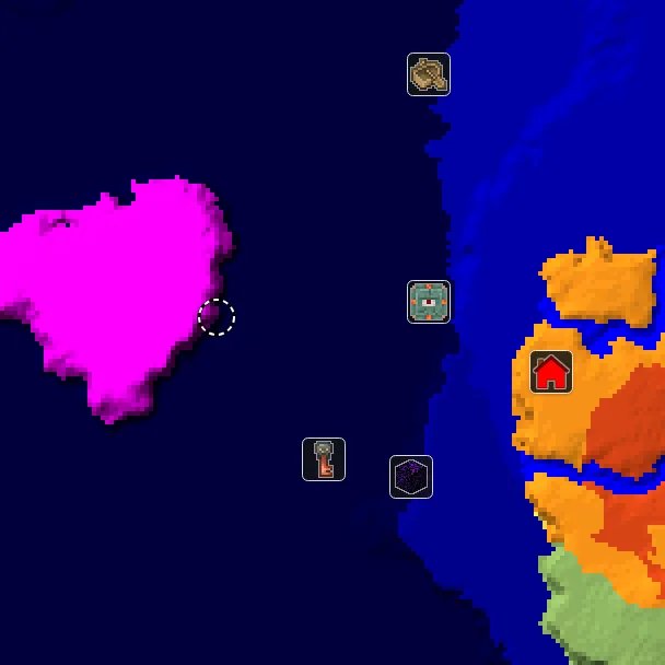 Overworld biome map of seed 38756481678573377 around spawn, with the monument and mushroom fields marked