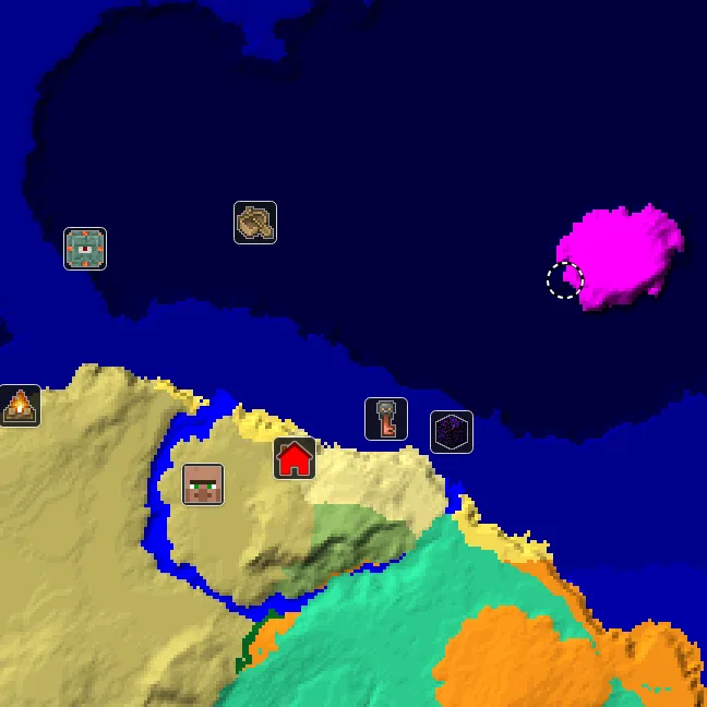 Overworld biome map of seed 41006135150685160 around spawn, with the monument and mushroom fields marked
