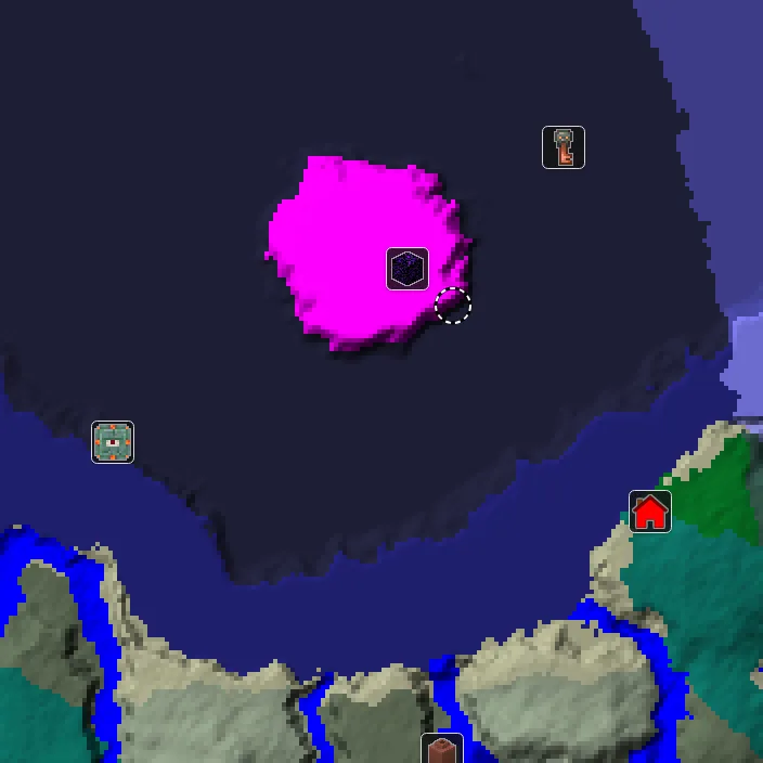 Overworld biome map of seed 7225203405476503 around spawn, with the monument and mushroom fields marked
