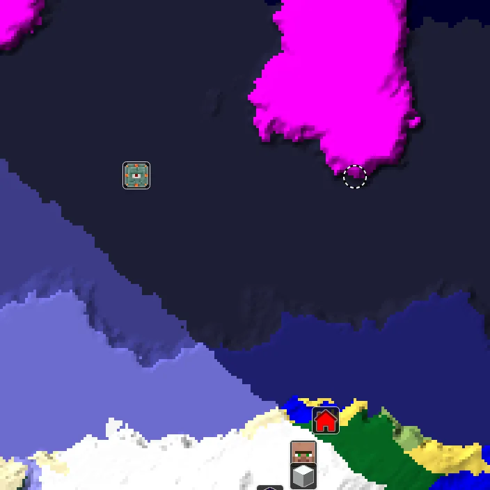 Overworld biome map of seed 876019281330649 around spawn, with the monument and mushroom fields marked