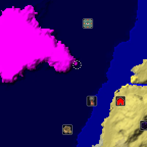 Overworld biome map of seed -5222399596891977076 around spawn, with the mushroom fields marked
