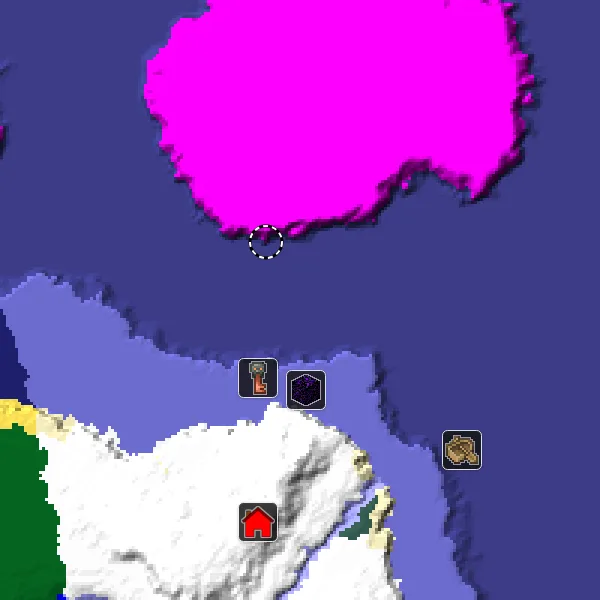 Overworld biome map of seed -7222111417440254417 around spawn, with the mushroom fields marked