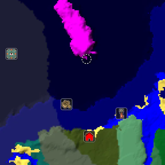 Overworld biome map of seed -8531640712777030001 around spawn, with the mushroom fields marked