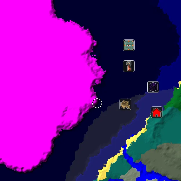 Overworld biome map of seed -963374613974828980 around spawn, with the mushroom fields marked