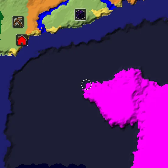 Overworld biome map of seed 5096040350616420880 around spawn, with the mushroom fields marked