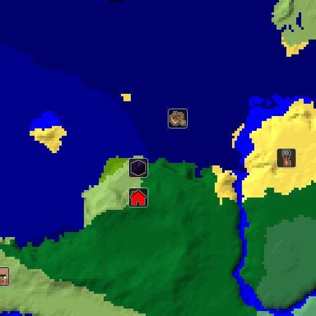 Overworld biome map of seed 150790707761055 around spawn, with the shipwreck and ruined portal marked