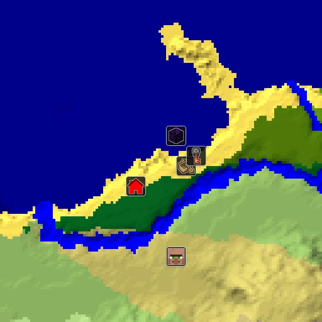 Overworld biome map of seed 253918772807666 around spawn, with the shipwreck and ruined portal marked