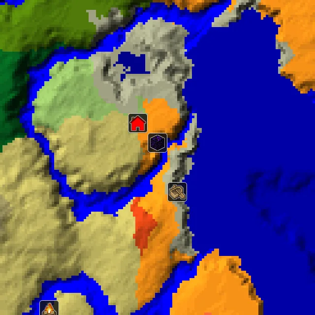 Overworld biome map of seed 59908773697188 around spawn, with the shipwreck and ruined portal marked