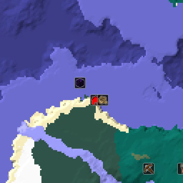 Overworld biome map of seed 662855608430780 around spawn, with the shipwreck and ruined portal marked