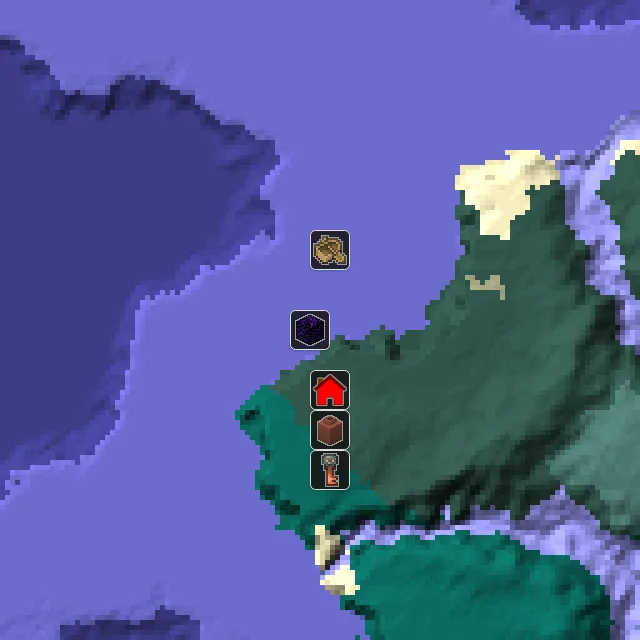 Overworld biome map of seed 719881852101585 around spawn, with the shipwreck and ruined portal marked