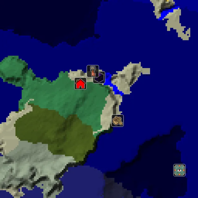 Overworld biome map of seed 839695448267121 around spawn, with the shipwreck and ruined portal marked
