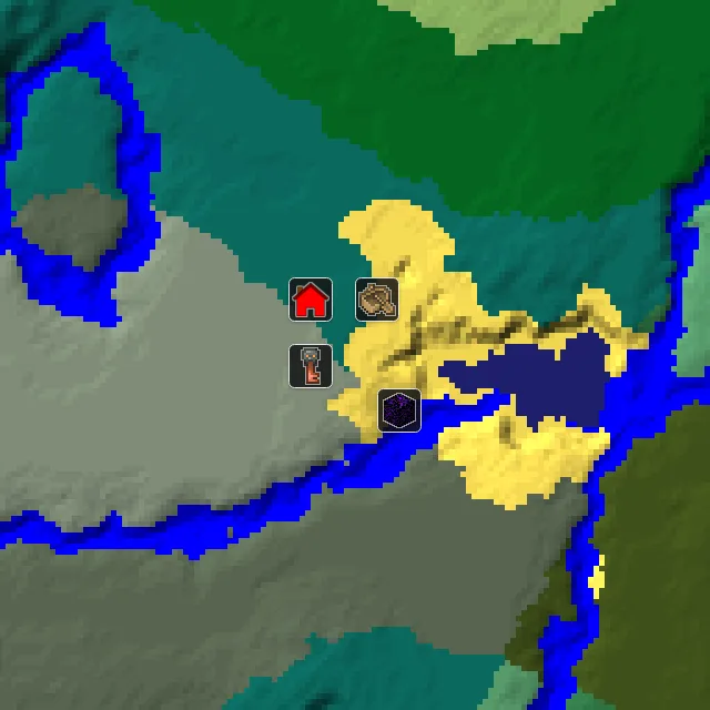 Overworld biome map of seed 887266562840117 around spawn, with the shipwreck and ruined portal marked