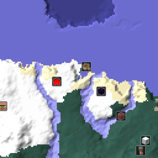 Overworld biome map of seed 992439917676055 around spawn, with the shipwreck and ruined portal marked