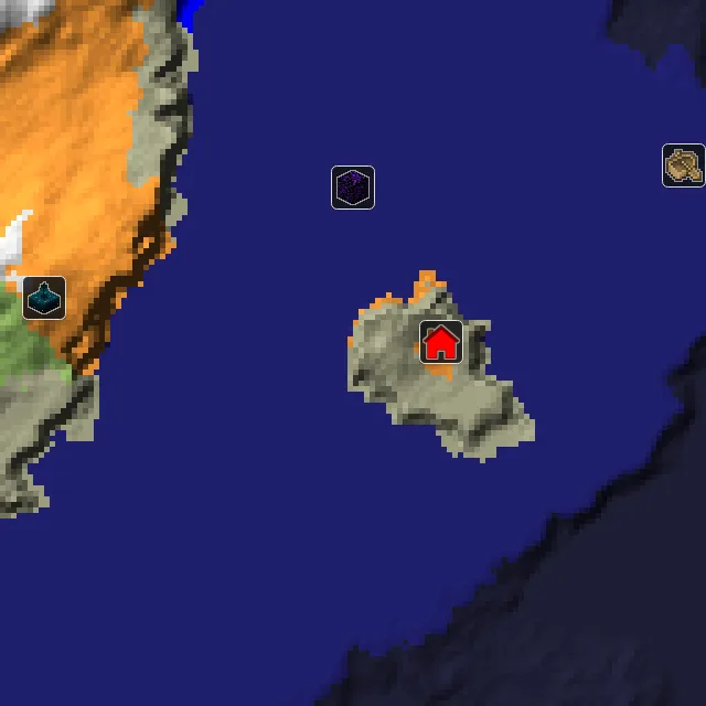 Overworld biome map of seed -7478128177710049403 around spawn, with the spawn marked