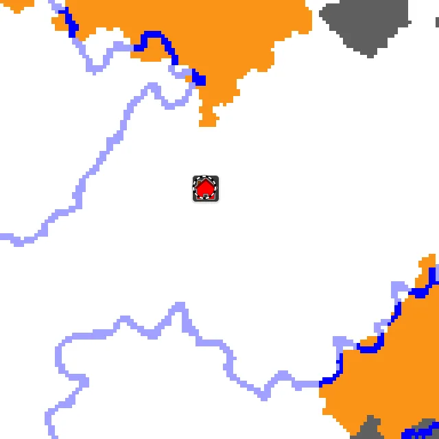 Overworld biome map of seed -2002918611613284153 around spawn, with the snowy plains marked