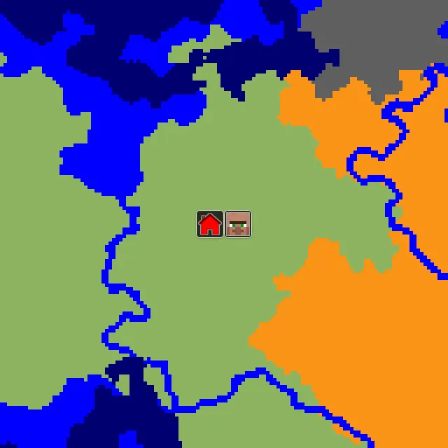Overworld biome map of seed 152835209702957 around spawn, with the village marked