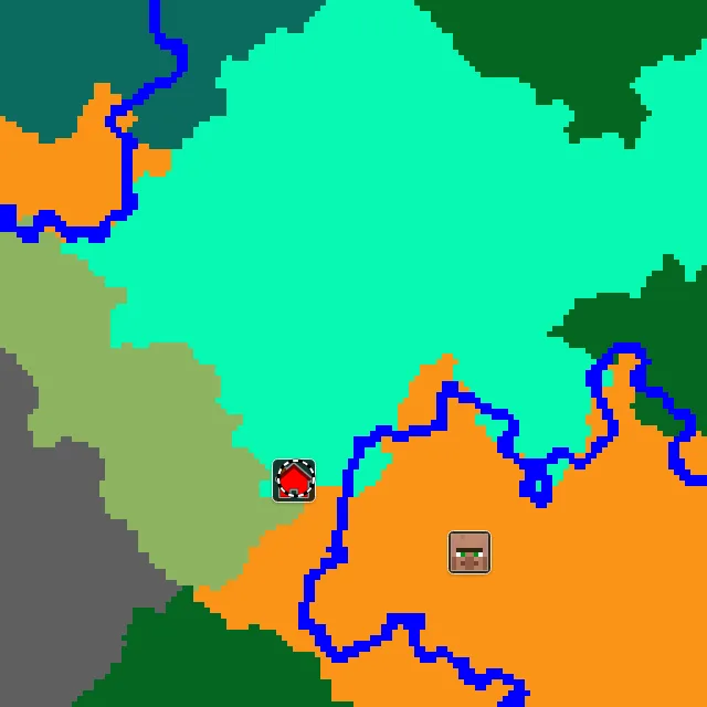 Overworld biome map of seed 6720792047106446631 around spawn, with the swamp marked