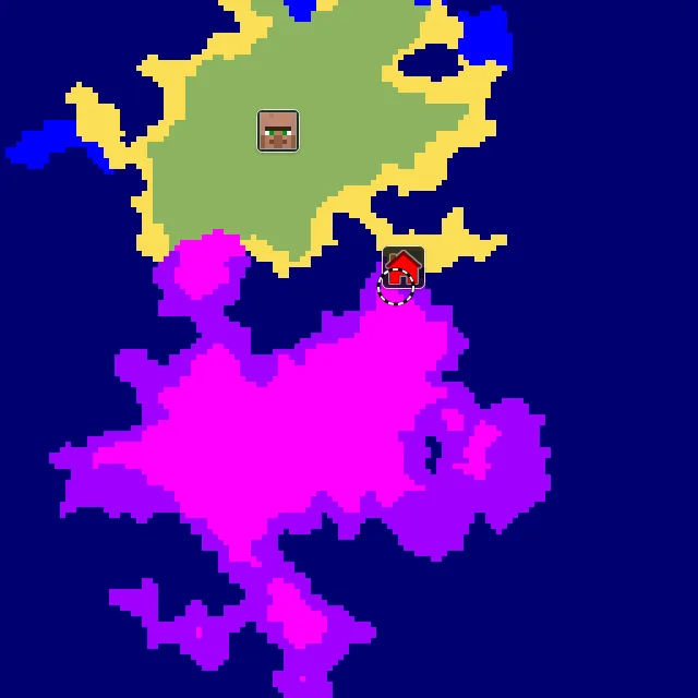 Overworld biome map of seed -5183503660708134456 around spawn, with the mushroom fields marked