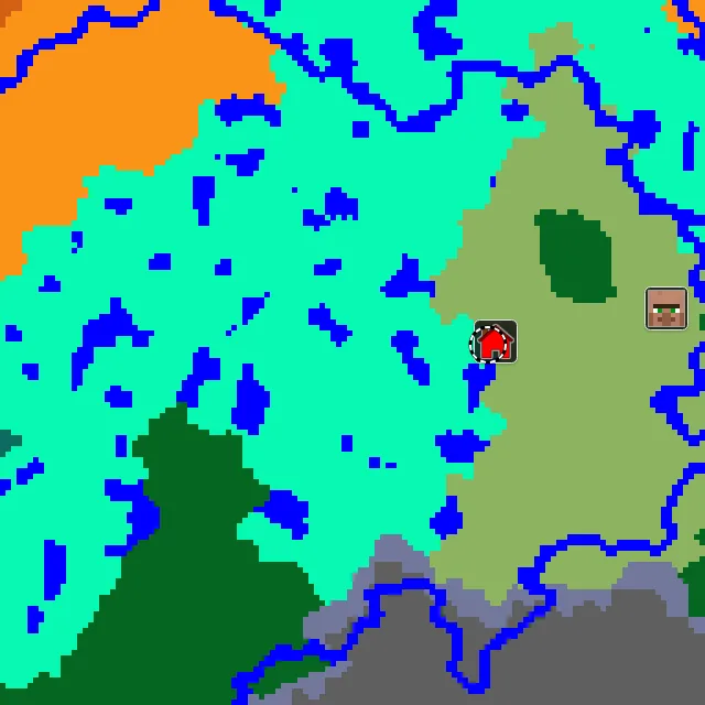 Overworld biome map of seed -965119549516534856 around spawn, with the swamp marked