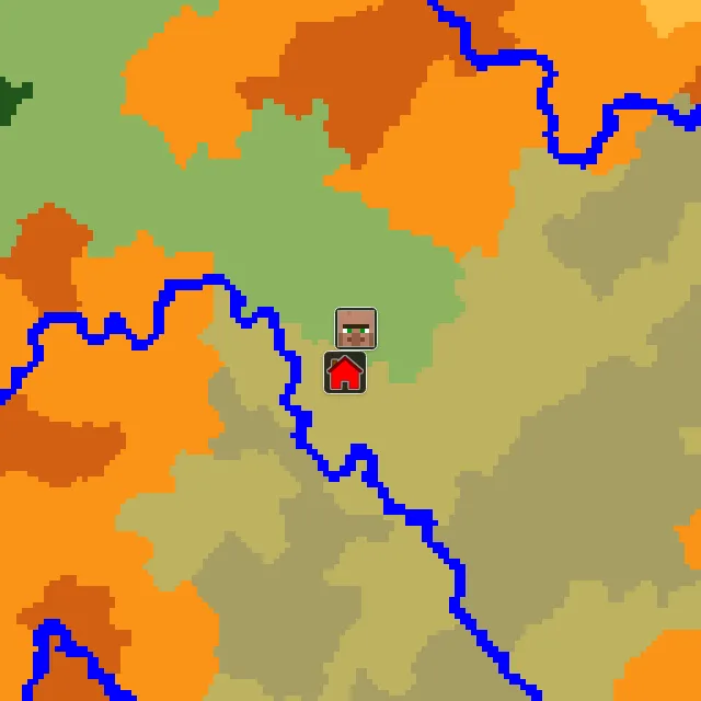 Overworld biome map of seed 558200305492259 around spawn, with the village marked