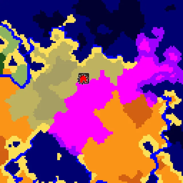 Overworld biome map of seed 6474226958671746305 around spawn, with the mushroom fields marked