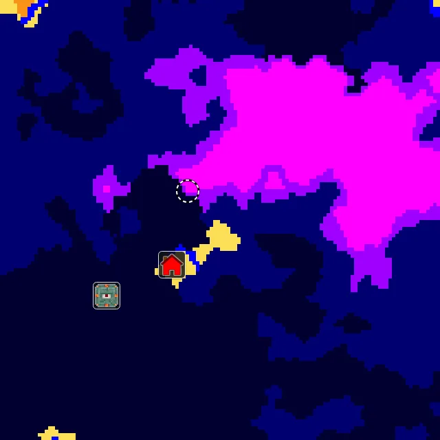 Overworld biome map of seed 65425306169920557 around spawn, with the monument and mushroom fields marked