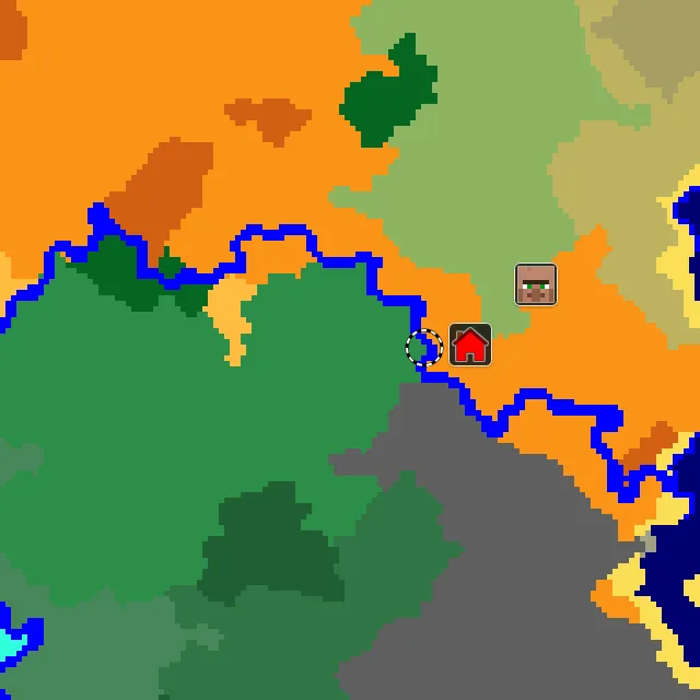 Overworld biome map of seed 725140249779384 around spawn, with the village and flower forest marked