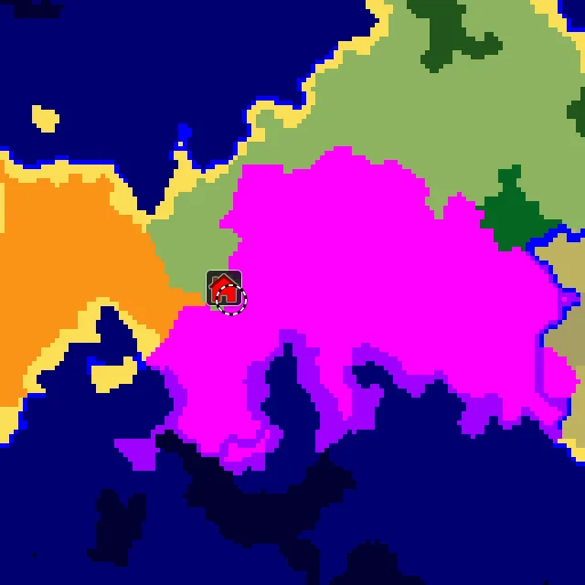 Overworld biome map of seed 1170209690706974851 around spawn, with the mushroom fields marked