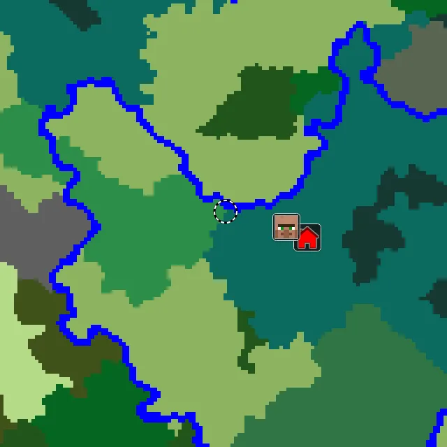 Overworld biome map of seed 8956781074911069 around spawn, with the village and flower forest marked