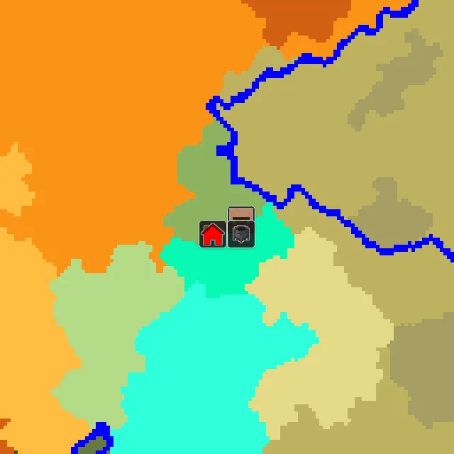 Overworld biome map of seed 182264967863721758 around spawn, with the village and swamp hut marked