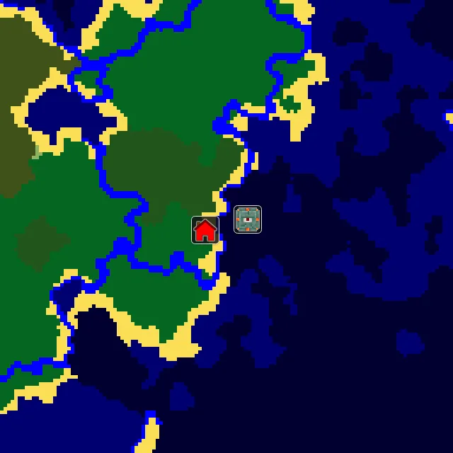 Overworld biome map of seed 4670705464203460 around spawn, with the monument marked