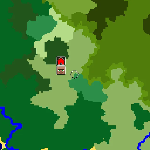 Overworld biome map of seed 6159843630366268 around spawn, with the village and flower forest marked