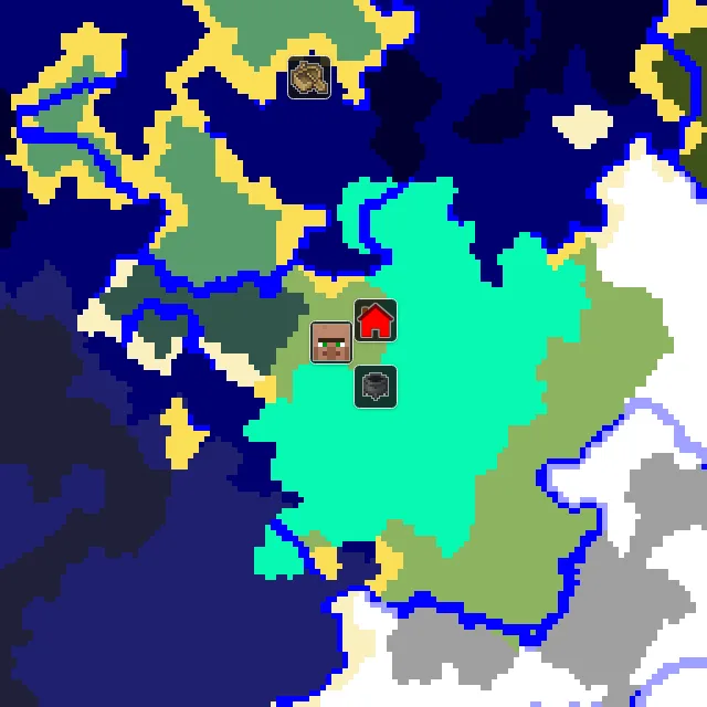 Overworld biome map of seed -1697752733920647767 around spawn, with the village and swamp hut marked
