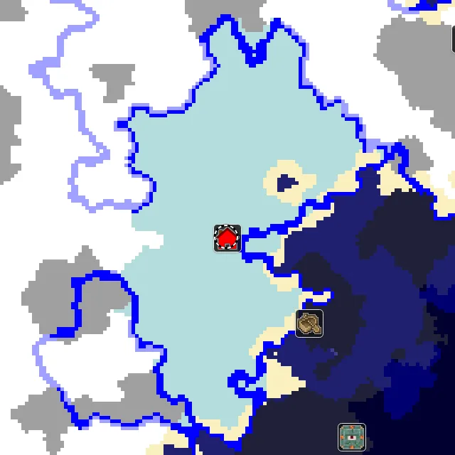 Overworld biome map of seed -6515867844115927356 around spawn, with the ice spikes marked