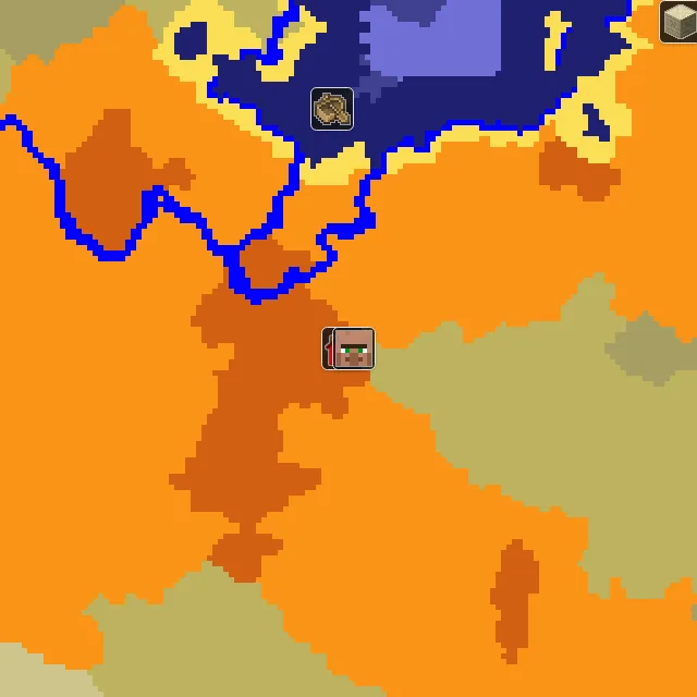 Overworld biome map of seed 1495165223134790 around spawn, with the village marked