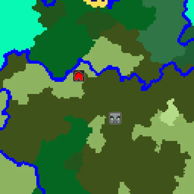 Overworld biome map of seed 347774008616504686 around spawn, with the mansion marked