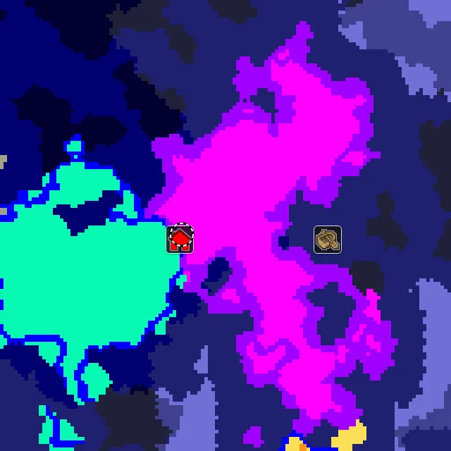 Overworld biome map of seed 3685476216879336985 around spawn, with the mushroom fields marked