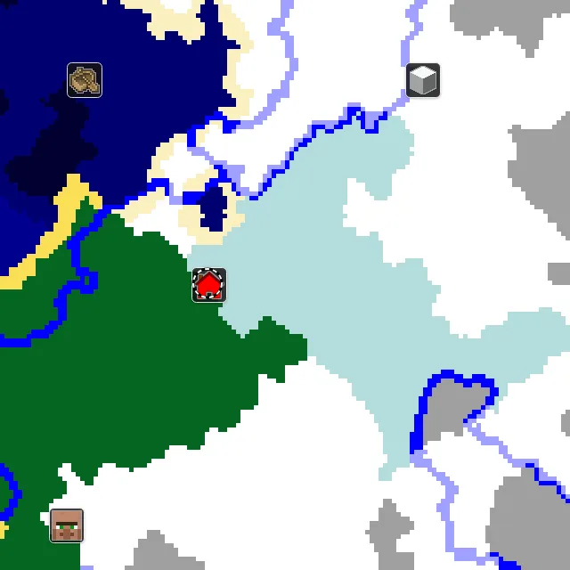 Overworld biome map of seed -1368504005049949739 around spawn, with the ice spikes marked