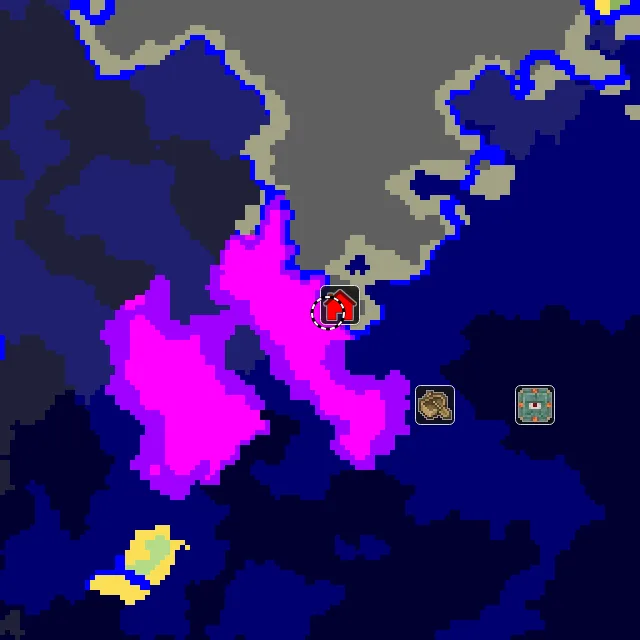 Overworld biome map of seed -6186319202425867024 around spawn, with the mushroom fields marked