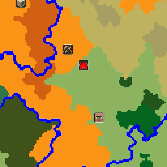 Overworld biome map of seed 1470280886883477 around spawn, with the village and outpost marked