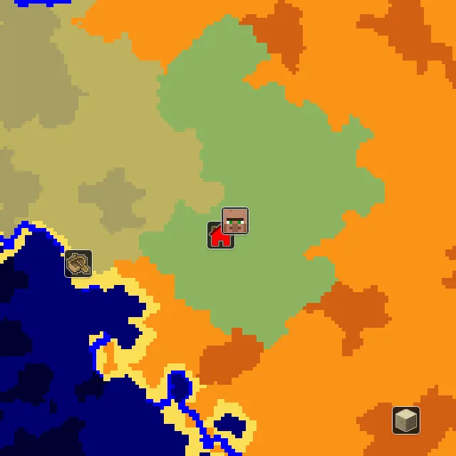 Overworld biome map of seed 171676703753511 around spawn, with the village marked